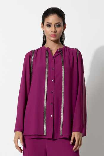 Rohit Gandhi + Rahul Khanna_Pink Polyester Sequins Split V-neck Metallic Embroidered Shirt _Online_at_Aza_Fashions