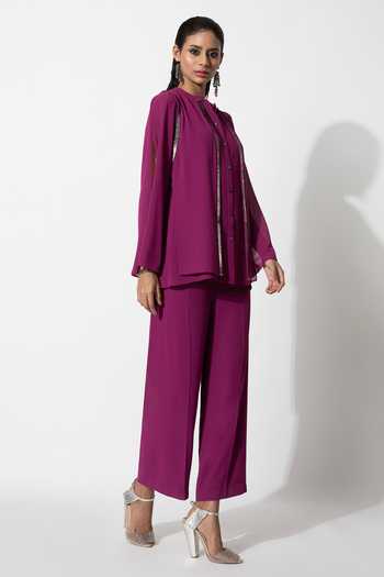 Buy_Rohit Gandhi + Rahul Khanna_Pink Polyester Sequins Split V-neck Metallic Embroidered Shirt _Online_at_Aza_Fashions