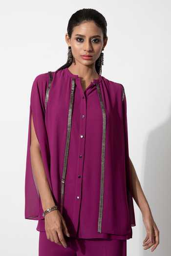 Shop_Rohit Gandhi + Rahul Khanna_Pink Polyester Sequins Split V-neck Metallic Embroidered Shirt _Online_at_Aza_Fashions