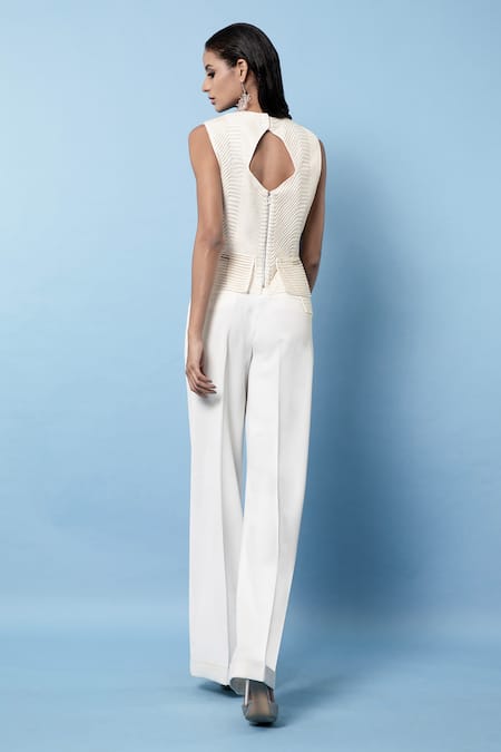 Shop Rohit Gandhi + Rahul Khanna Off White Chiffon Embellishments Tapes Round Asymmetric Peplum Top at Aza Fashions Shop_Rohit Gandhi + Rahul Khanna_Off White Chiffon Embellishments Tapes Round Asymmetric Peplum Top _at_Aza_Fashions