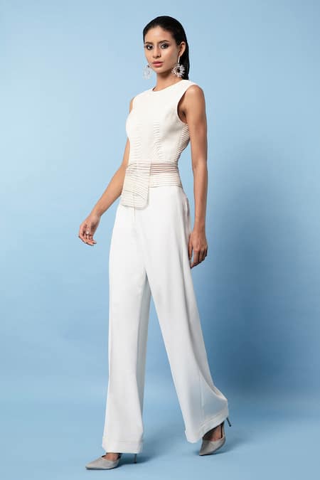Shop Rohit Gandhi + Rahul Khanna Off White Chiffon Embellishments Tapes Round Asymmetric Peplum Top Online at Aza Fashions Shop_Rohit Gandhi + Rahul Khanna_Off White Chiffon Embellishments Tapes Round Asymmetric Peplum Top _Online_at_Aza_Fashions