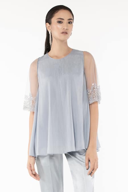 Rohit Gandhi + Rahul Khanna Blue Georgette Beads Round Neck Shimmer Swing Top Online at Aza Fashions Rohit Gandhi + Rahul Khanna_Blue Georgette Beads Round Neck Shimmer Swing Top _Online_at_Aza_Fashions