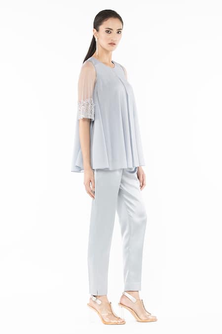Buy Rohit Gandhi + Rahul Khanna Blue Georgette Beads Round Neck Shimmer Swing Top Online at Aza Fashions Buy_Rohit Gandhi + Rahul Khanna_Blue Georgette Beads Round Neck Shimmer Swing Top _Online_at_Aza_Fashions