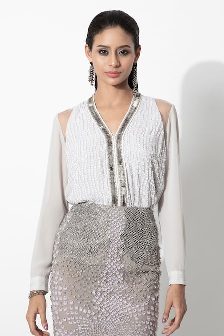 Rohit Gandhi + Rahul Khanna_Silver Georgette Embroidered Sequins V Neck Top And Skirt Set _Online_at_Aza_Fashions