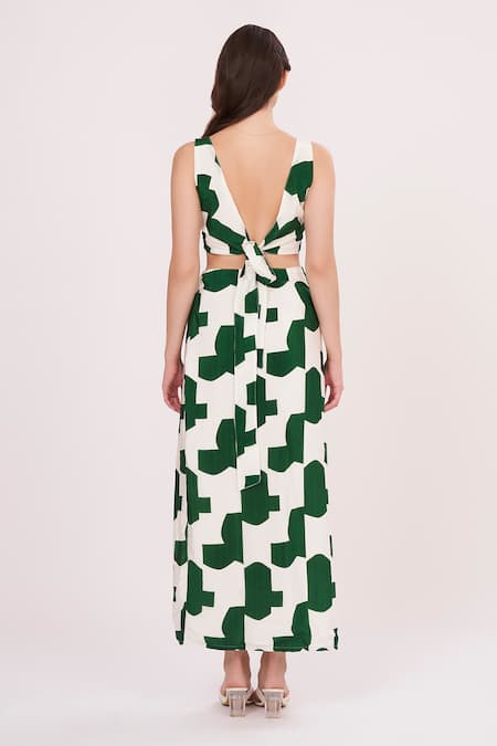 Shop_House Of Varada_White Muslin, Crepe High Neck Abstract Print Top And Skirt Set _at_Aza_Fashions