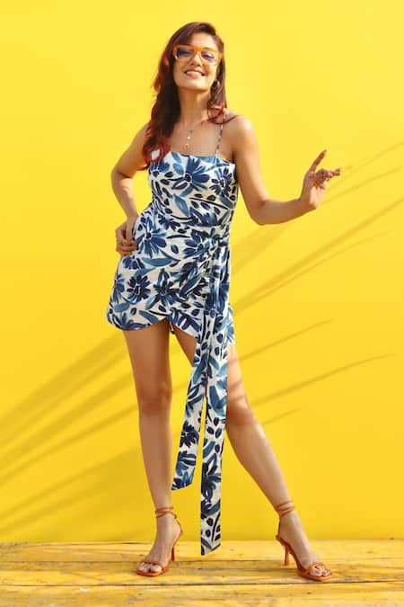 House Of Varada_Blue Cotton Square Neck Abstract Print Dress _Online_at_Aza_Fashions