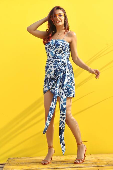Shop_House Of Varada_Blue Cotton Square Neck Abstract Print Dress _Online_at_Aza_Fashions
