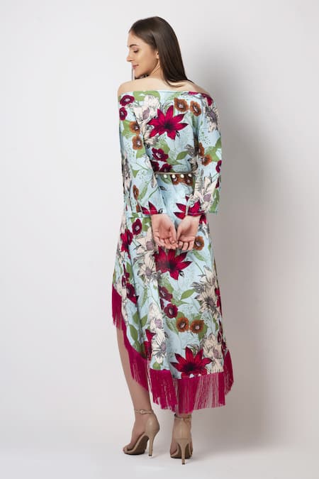 Shop House Of Varada Blue Viscose One Shoulder Floral Print Off Dress With Belt at Aza Fashions Shop_House Of Varada_Blue Viscose One Shoulder Floral Print Off Dress With Belt _at_Aza_Fashions