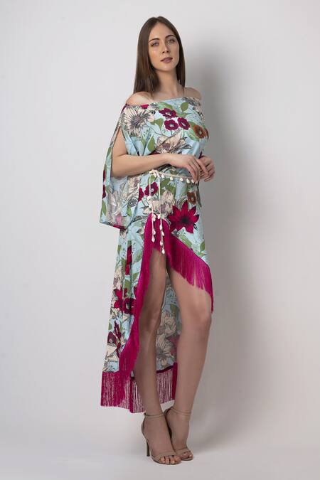 House Of Varada Blue Viscose One Shoulder Floral Print Off Dress With Belt Online at Aza Fashions House Of Varada_Blue Viscose One Shoulder Floral Print Off Dress With Belt _Online_at_Aza_Fashions