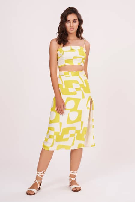 House Of Varada Yellow Muslin Square Neck Abstract Print Top And Skirt Set