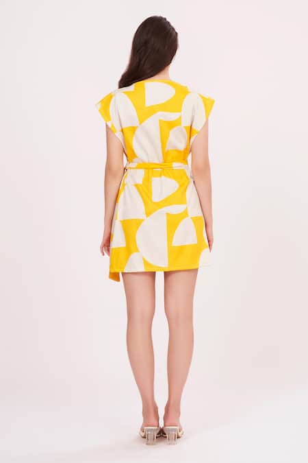 Shop House Of Varada Yellow Cotton Satin V-neck Abstract Print Wrap-around Dress at Aza Fashions Shop_House Of Varada_Yellow Cotton Satin V-neck Abstract Print Wrap-around Dress _at_Aza_Fashions