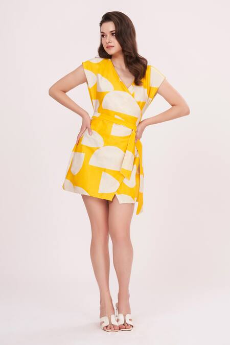 House Of Varada Yellow Cotton Satin V-neck Abstract Print Wrap-around Dress Online at Aza Fashions House Of Varada_Yellow Cotton Satin V-neck Abstract Print Wrap-around Dress _Online_at_Aza_Fashions