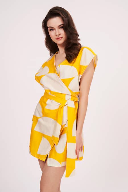 Buy House Of Varada Yellow Cotton Satin V-neck Abstract Print Wrap-around Dress Online at Aza Fashions Buy_House Of Varada_Yellow Cotton Satin V-neck Abstract Print Wrap-around Dress _Online_at_Aza_Fashions