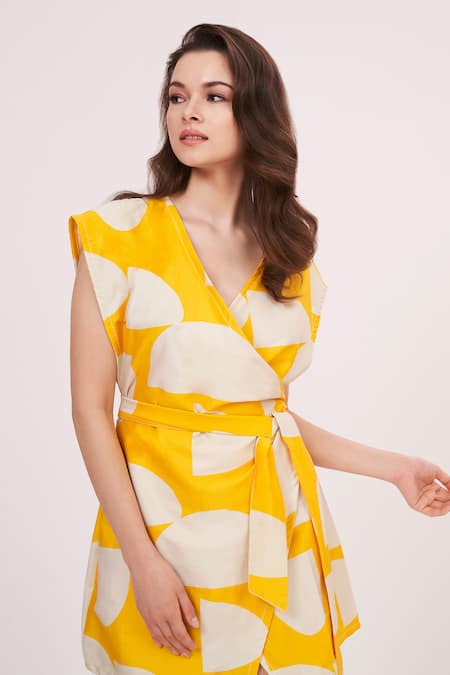 Shop House Of Varada Yellow Cotton Satin V-neck Abstract Print Wrap-around Dress Online at Aza Fashions Shop_House Of Varada_Yellow Cotton Satin V-neck Abstract Print Wrap-around Dress _Online_at_Aza_Fashions