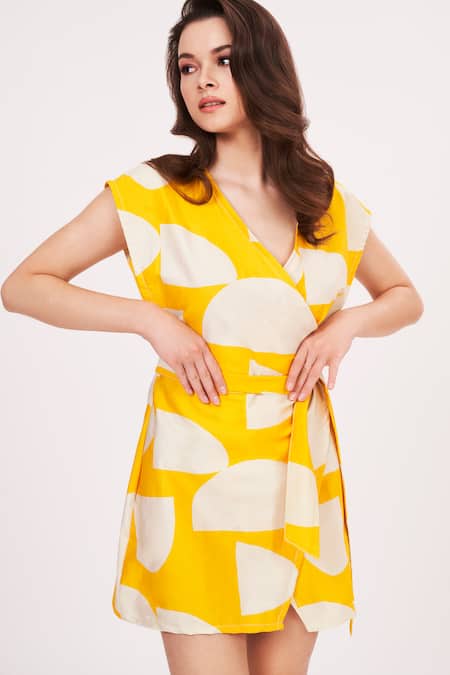 House Of Varada Yellow Cotton Satin V-neck Abstract Print Wrap-around Dress at Aza Fashions House Of Varada_Yellow Cotton Satin V-neck Abstract Print Wrap-around Dress _at_Aza_Fashions