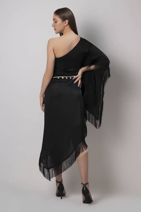 Shop House Of Varada Black Satin One Shoulder Solid Dress With Belt at Aza Fashions Shop_House Of Varada_Black Satin One Shoulder Solid Dress With Belt _at_Aza_Fashions