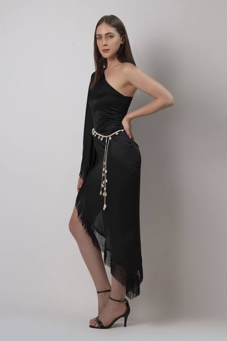 House Of Varada Black Satin One Shoulder Solid Dress With Belt Online at Aza Fashions House Of Varada_Black Satin One Shoulder Solid Dress With Belt _Online_at_Aza_Fashions
