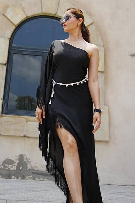 Shop House Of Varada Black Satin One Shoulder Solid Dress With Belt Online at Aza Fashions Shop_House Of Varada_Black Satin One Shoulder Solid Dress With Belt _Online_at_Aza_Fashions