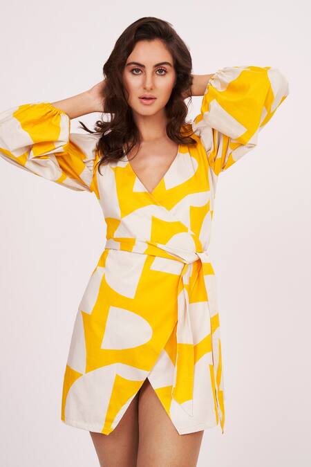 Buy House Of Varada Yellow Cotton Satin V-neck Abstract Print Wrap Dress Online at Aza Fashions Buy_House Of Varada_Yellow Cotton Satin V-neck Abstract Print Wrap Dress _Online_at_Aza_Fashions