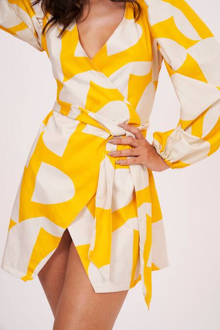 Shop House Of Varada Yellow Cotton Satin V-neck Abstract Print Wrap Dress Online at Aza Fashions Shop_House Of Varada_Yellow Cotton Satin V-neck Abstract Print Wrap Dress _Online_at_Aza_Fashions