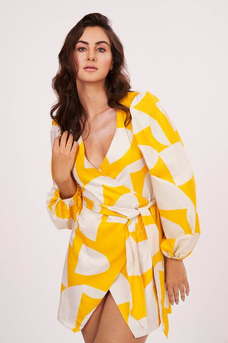 House Of Varada Yellow Cotton Satin V-neck Abstract Print Wrap Dress at Aza Fashions House Of Varada_Yellow Cotton Satin V-neck Abstract Print Wrap Dress _at_Aza_Fashions