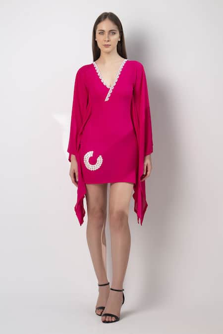 House Of Varada Pink Georgette, Lycra Lace, Embroidery V-neck Placement Hand Dress