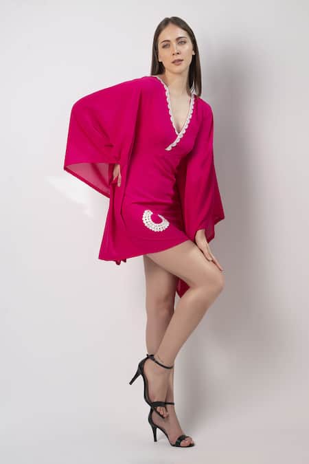 Shop House Of Varada Pink Georgette, Lycra Lace, Embroidery V-neck Placement Hand Dress at Aza Fashions Shop_House Of Varada_Pink Georgette, Lycra Lace, Embroidery V-neck Placement Hand Dress _at_Aza_Fashions