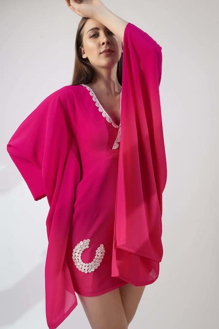 House Of Varada Pink Georgette, Lycra Lace, Embroidery V-neck Placement Hand Dress Online at Aza Fashions House Of Varada_Pink Georgette, Lycra Lace, Embroidery V-neck Placement Hand Dress _Online_at_Aza_Fashions