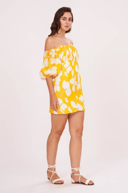 House Of Varada_Yellow Muslin One Shoulder Abstract Print Dress _Online_at_Aza_Fashions