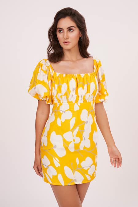 Buy_House Of Varada_Yellow Muslin One Shoulder Abstract Print Dress _Online_at_Aza_Fashions