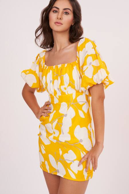 Shop_House Of Varada_Yellow Muslin One Shoulder Abstract Print Dress _Online_at_Aza_Fashions
