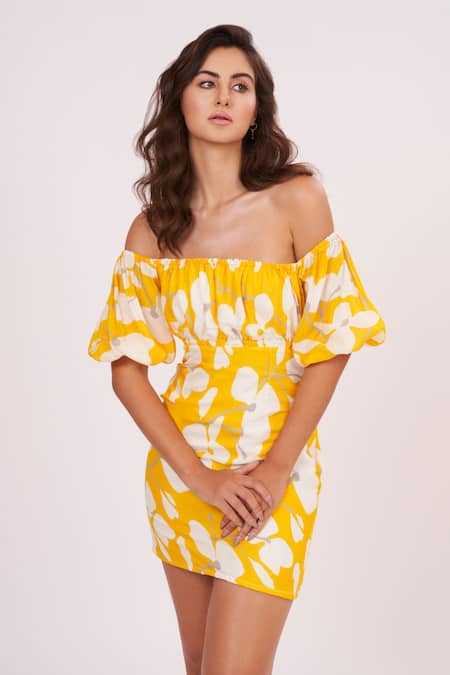 House Of Varada_Yellow Muslin One Shoulder Abstract Print Dress _at_Aza_Fashions