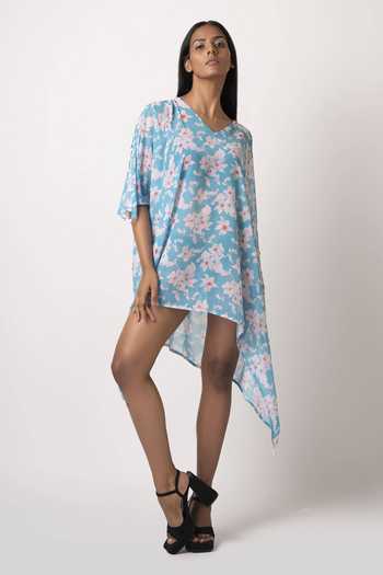 House Of Varada_Blue Crepe Printed Floral V Neck Dress With Belt_Online_at_Aza_Fashions