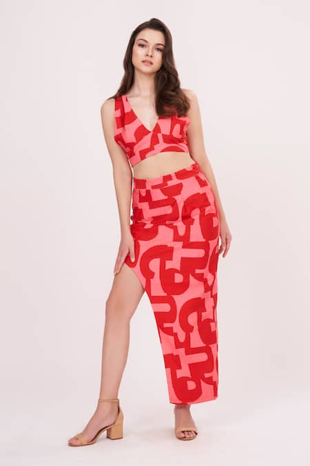 House Of Varada Red Cotton Satin V-neck Abstract Printed Top And Side-slit Skirt Set