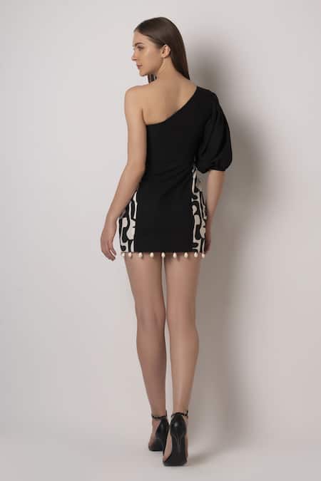 Shop House Of Varada Black Cotton Embroidery One Shoulder Abstract Print Dress at Aza Fashions Shop_House Of Varada_Black Cotton Embroidery One Shoulder Abstract Print Dress _at_Aza_Fashions