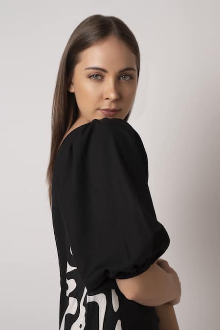 Buy House Of Varada Black Cotton Embroidery One Shoulder Abstract Print Dress Online at Aza Fashions Buy_House Of Varada_Black Cotton Embroidery One Shoulder Abstract Print Dress _Online_at_Aza_Fashions