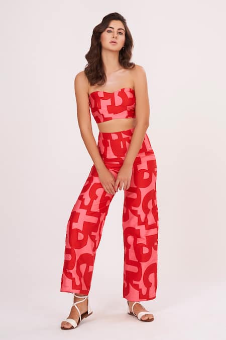 House Of Varada Red Cotton Satin Bandeau Neck Abstract Print Tube Top And Palazzo Set Online at Aza Fashions House Of Varada_Red Cotton Satin Bandeau Neck Abstract Print Tube Top And Palazzo Set _Online_at_Aza_Fashions