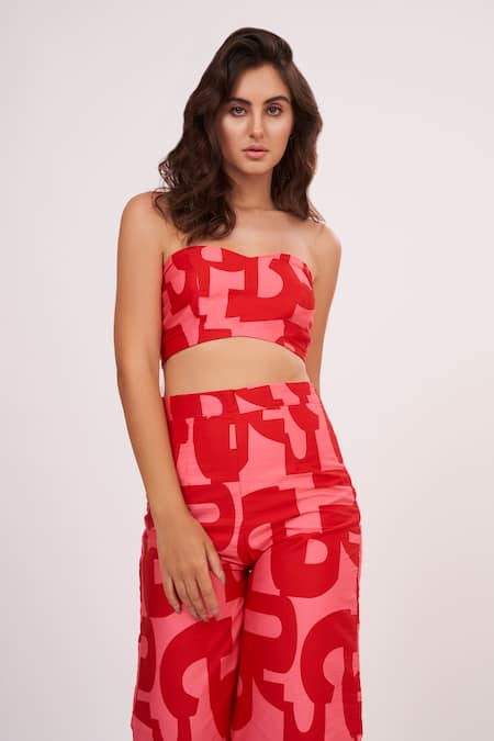 Shop House Of Varada Red Cotton Satin Bandeau Neck Abstract Print Tube Top And Palazzo Set Online at Aza Fashions Shop_House Of Varada_Red Cotton Satin Bandeau Neck Abstract Print Tube Top And Palazzo Set _Online_at_Aza_Fashions