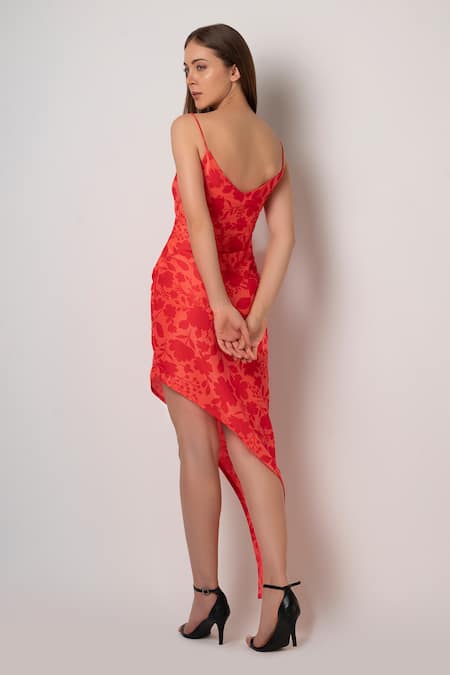 Shop House Of Varada Orange Muslin V-neck Floral Print Side-slit Dress at Aza Fashions Shop_House Of Varada_Orange Muslin V-neck Floral Print Side-slit Dress _at_Aza_Fashions