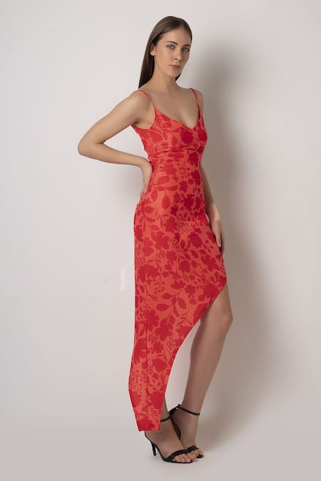 Shop House Of Varada Orange Muslin V-neck Floral Print Side-slit Dress Online at Aza Fashions Shop_House Of Varada_Orange Muslin V-neck Floral Print Side-slit Dress _Online_at_Aza_Fashions
