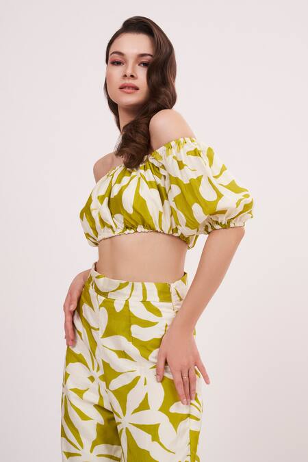 Shop House Of Varada Green Muslin One Shoulder Geometric Print Top And Palazzo Set Online at Aza Fashions Shop_House Of Varada_Green Muslin One Shoulder Geometric Print Top And Palazzo Set _Online_at_Aza_Fashions