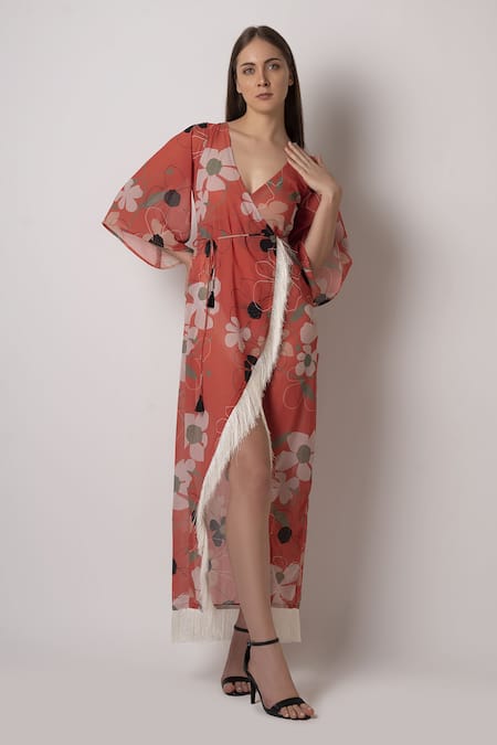 House Of Varada Orange Crepe V-neck Floral Print Wrap Dress
