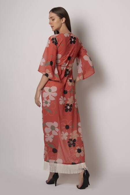 Shop House Of Varada Orange Crepe V-neck Floral Print Wrap Dress at Aza Fashions Shop_House Of Varada_Orange Crepe V-neck Floral Print Wrap Dress _at_Aza_Fashions