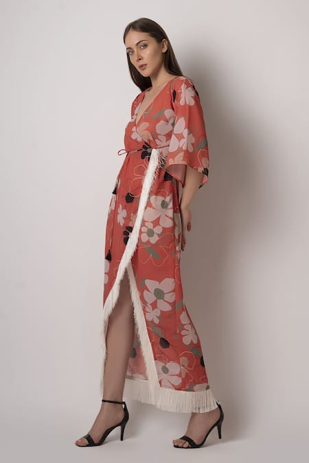 House Of Varada Orange Crepe V-neck Floral Print Wrap Dress Online at Aza Fashions House Of Varada_Orange Crepe V-neck Floral Print Wrap Dress _Online_at_Aza_Fashions