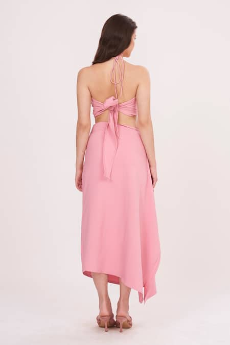 Shop House Of Varada Pink Cotton, Bamboo Halter Neck Solid Top And Skirt Set at Aza Fashions Shop_House Of Varada_Pink Cotton, Bamboo Halter Neck Solid Top And Skirt Set _at_Aza_Fashions