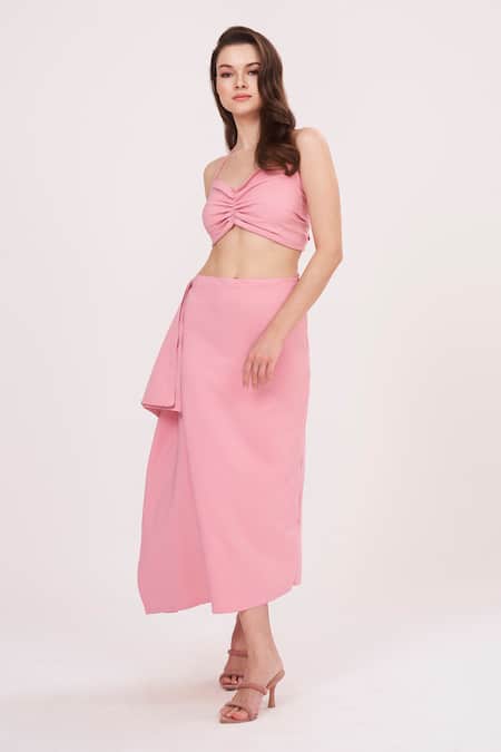House Of Varada Pink Cotton, Bamboo Halter Neck Solid Top And Skirt Set Online at Aza Fashions House Of Varada_Pink Cotton, Bamboo Halter Neck Solid Top And Skirt Set _Online_at_Aza_Fashions