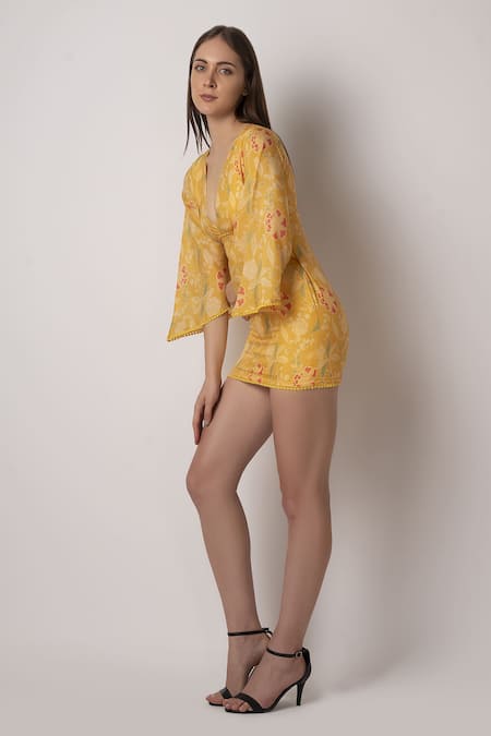Shop House Of Varada Yellow Muslin Lace V-neck Floral Print V Dress at Aza Fashions Shop_House Of Varada_Yellow Muslin Lace V-neck Floral Print V Dress _at_Aza_Fashions