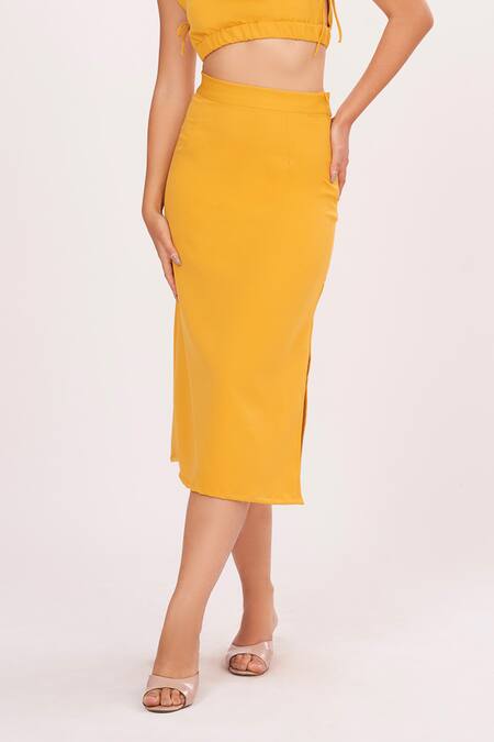 House Of Varada Yellow High Neck Solid Top And Side-slit Skirt Set Online at Aza Fashions House Of Varada_Yellow High Neck Solid Top And Side-slit Skirt Set _Online_at_Aza_Fashions