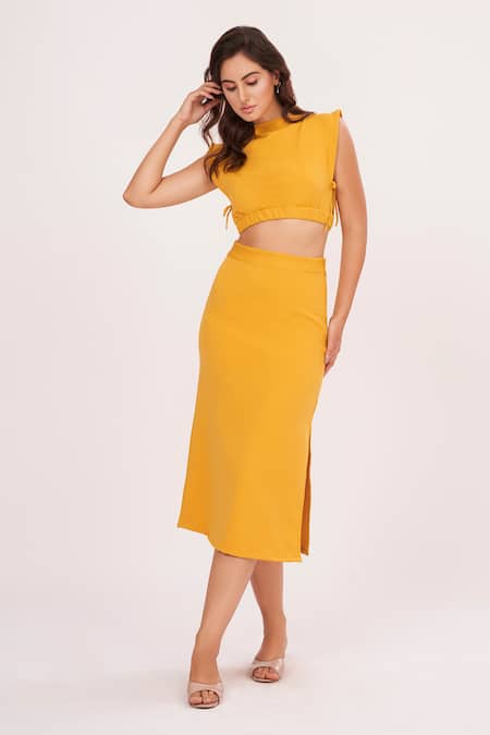 Buy House Of Varada Yellow High Neck Solid Top And Side-slit Skirt Set Online at Aza Fashions Buy_House Of Varada_Yellow High Neck Solid Top And Side-slit Skirt Set _Online_at_Aza_Fashions