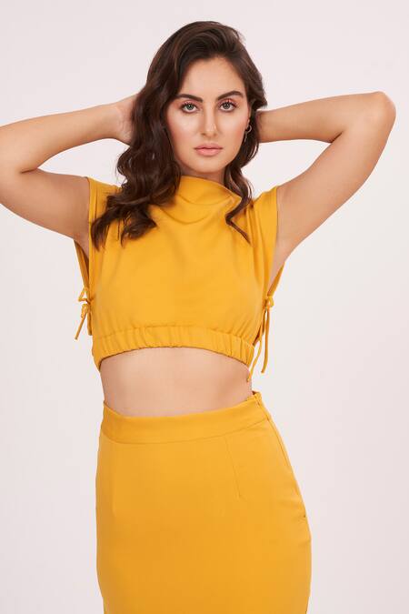 House Of Varada Yellow High Neck Solid Top And Side-slit Skirt Set at Aza Fashions House Of Varada_Yellow High Neck Solid Top And Side-slit Skirt Set _at_Aza_Fashions